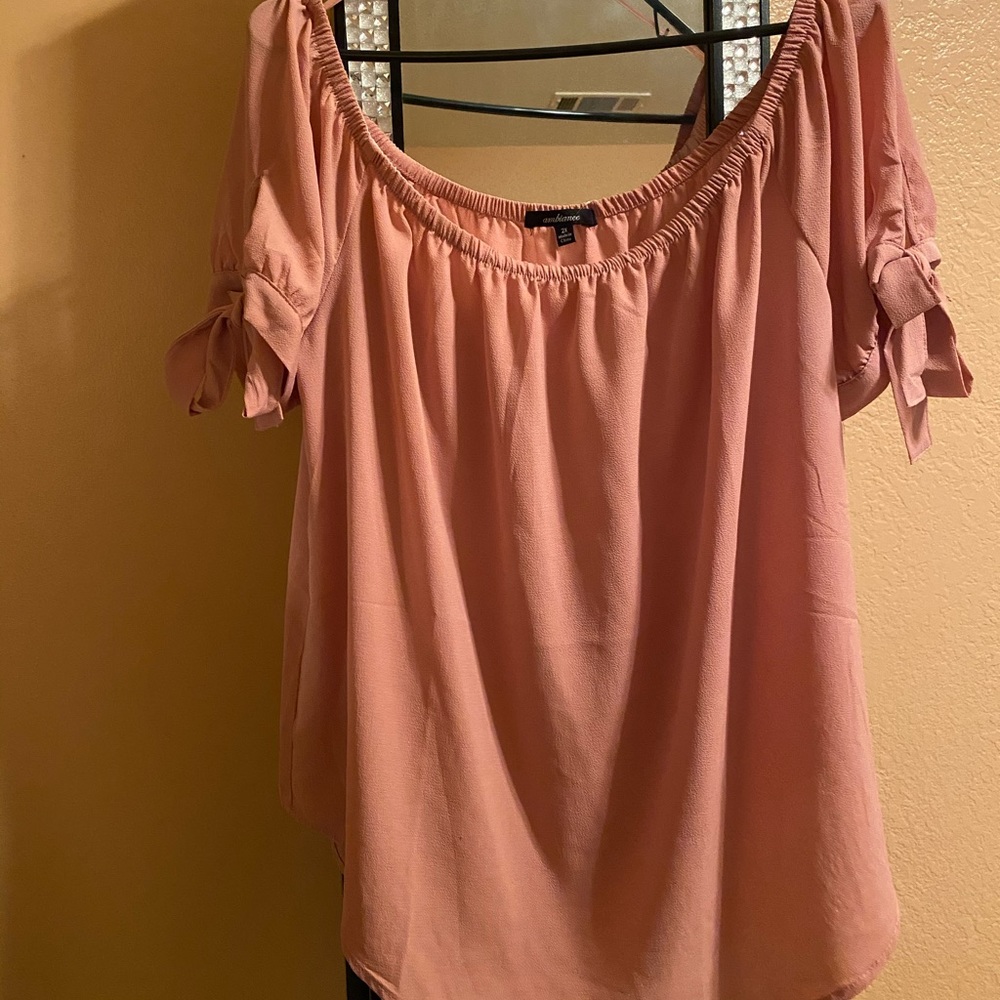 Pink beige flowey off the shoulder blouse.